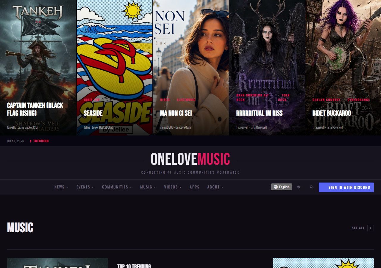 OneLoveMusic home hub showing news, events and charts